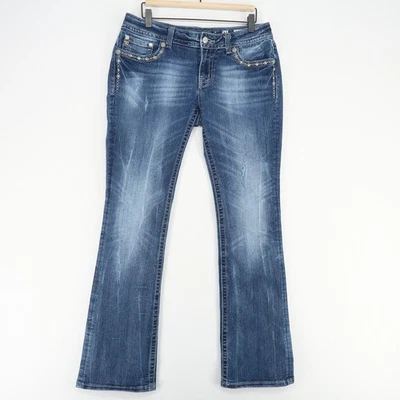 Jean Miss Me Bootcut para mujer 31 alas azules adornadas estrás tachonado elástico Foto 1 de 4