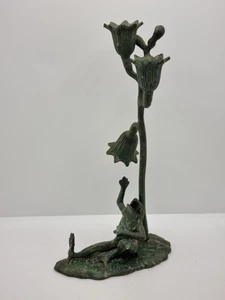 Figura de rana de latón macizo candelabro flor pátina de 10" vintage coleccionable raro - Imagen 1 de 21