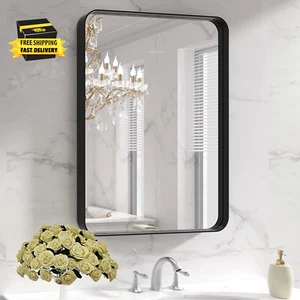 Black Metal Framed Bathroom Mirror for Wall, 22X30 Inch Rounded Rectangle Mirror - Picture 1 of 7