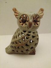 Stoneware  Owl Tea Light Holder 6" Tall Gray Brown Vintage. 1