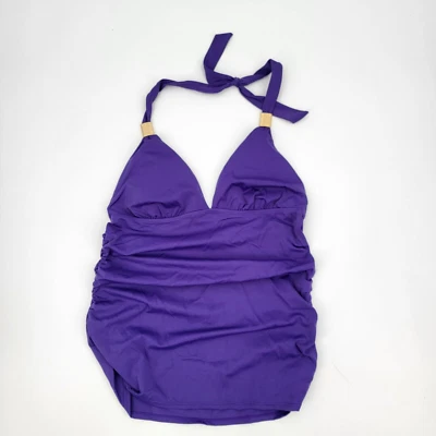 Tropical Escape Womens 12 US Purple Halter Strap Triangle Tankini Top Ruched - Image 1 of 4