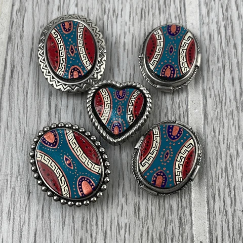 Vintage Button Covers Silver Southwestern Style/Print Oval & Heart Shapes Cover
