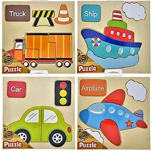 PUZZLES: Set of 4 Wooden Puzzles: Car, Truck, Airplane, and Ship - Foto 1 di 5