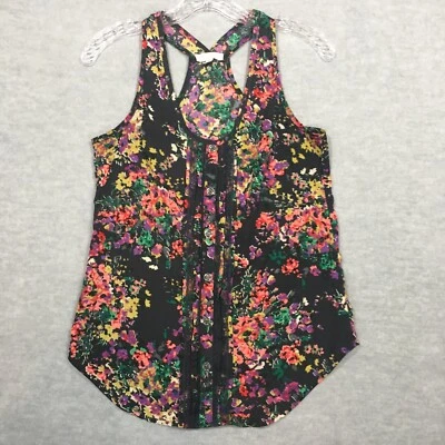 Lush Small Colorful Floral Tank Top Lace Trim Buttons Gray Orange Racerback EUC - Изображение 1 из 4