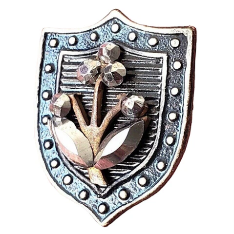 Tinted Brass Shield Shape Antique Button with Cut Steel Floral Design…3/4" Cover