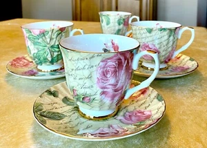 Rare Royal Patrician Tea Cups/Saucers Set Green Teacups Pink Roses Gold Trim EUC - Picture 1 of 13