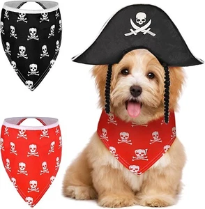 3 Pieces Halloween Pet Pirate Costume Set Cap Skulls and Bones & Bandana - Picture 1 of 6
