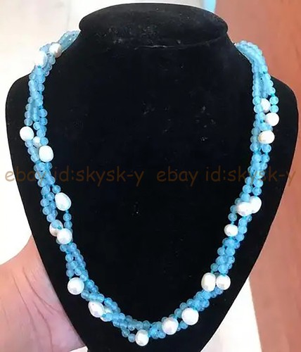 VETEMENTS Collana 3 fili 4 mm giada azzurra 7 8 mm perle barocche bianche perline 18''