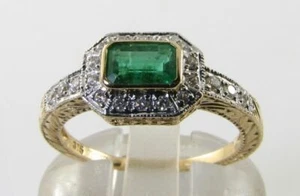 9K 9CT GOLD COLOMBIAN EMERALD DIAMOND ART DECO INS HALO RING Size O FREE RESIZE - Picture 1 of 7