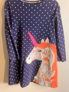 Girls Size 6-7 Mini Boden Navy Polka Dot Dress Unicorn Appliqué HTF Cute Rainbow - Picture 1 of 6