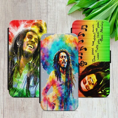 BOB MARLEY FLIP CASE FOR IPHONE SAMSUNG HUAWEI JAMAICA LEGEND WALLET PHONE COVER - Image 1 of 4