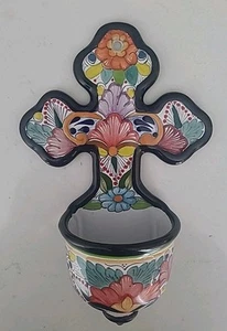 Wall Cross Talavera Pottery Mexican Religious Holy Water Ceramic Blue 9" (B1-B10 - Picture 1 of 9