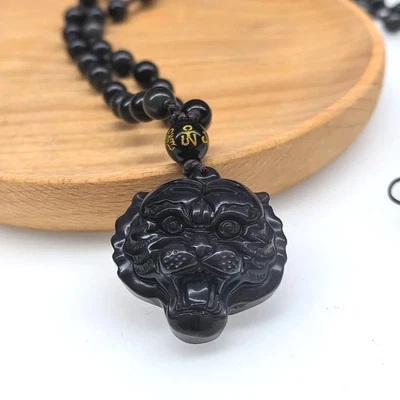 Natural Black Obsidian Carved Tiger Pendant+ Beads Necklace - Image 1 of 2