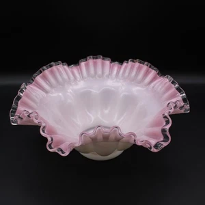 Vtg Fenton Silver Crest Pink & White Ruffled Crimped Edge Cased Glass Bowl 10" - Picture 1 of 7