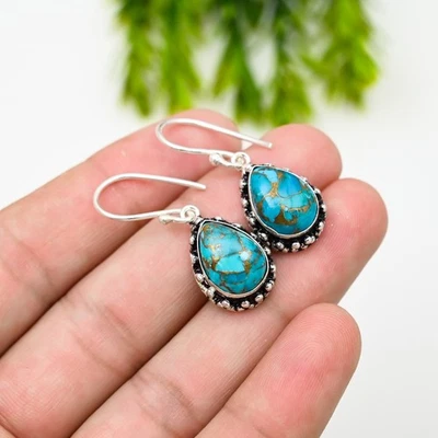 Turquoise Gemstone 925 Sterling Silver Earrings Handmade Jewelry Earring Gift - Image 1 of 4