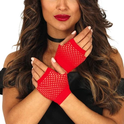 Fingerlose 80er Jahre Handschuhe Disco Damen Handstulpen Netzhandschuhe Rot - Bild 1 von 2