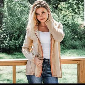 ODDY distressed mixed knit full zip hoodie tan small - Picture 1 of 8