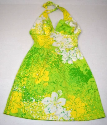 复古 Catalina Halter Sundress 尺寸 8 70 年代春季绿色黄色花卉美国制造 — 第 1/4 张图片