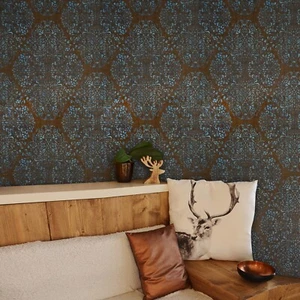 Vinyl Blue copper bronze metallic diamond damask faux fabric textured Wallpaper - Picture 1 of 12