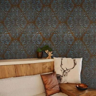 Papel de parede vinil azul cobre bronze diamante metálico damasco tecido sintético texturizado - Imagem 1 de 4