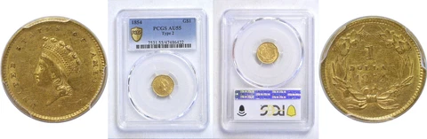 1854 Type 2 $1 Gold Coin PCGS AU-55 Cover