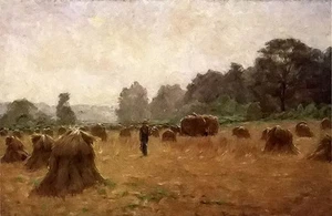 Ölgemälde John Ottis Adams - Weizenwain ein Feldbauer in Herbstlandschaft - Bild 1 von 1