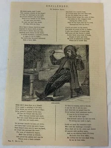 1879 magazine poem with engraving ~ CHALLENGED ~ swordsman at the table - Picture 1 of 1