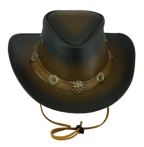 New Leather Cowboy Western Aussie Style Concho Distressed Hat Genuine UK Stock - Picture 1 of 7