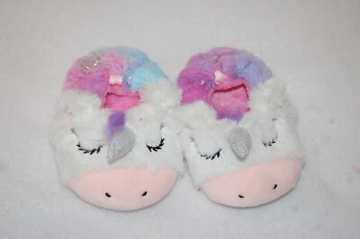 Baby Girls UNICORN SLIPPERS Faux Fur WHITE PINK RAINBOW Silver Horn SZ 2 3 4 5 6 - Image 1 of 2