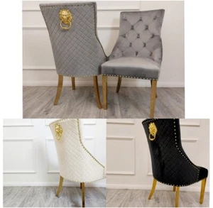 Emma Luxury Velvet Italian Gold Knocker Back Gold Leg Chair - Grey Cream Black - Picture 1 of 11