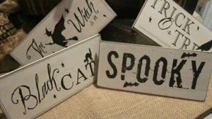 Halloween Witch Black Cat Table Signs Plaques S/4 - Picture 1 of 5