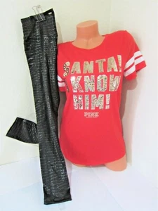 BLING Victoria Secret Pink SEQUIN FOIL LOGO TEE SHIRT Snake LEGGING PANT SET S M - Picture 1 of 10