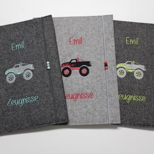 personalisierte Zeugnismappe bestickt mit Auto Truck ♥ Geschenk zur Einschulung - Bild 1 von 20