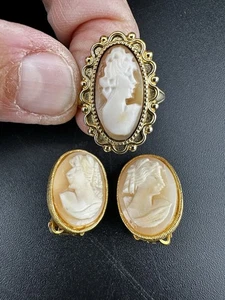 Vintage Kamee Schmuck, Ohrclips, Ring 7,5 gestempelt Uncas Mfg Co 14kt HGE - Bild 1 von 14