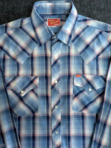 Vintage 70s 80s Ely Plains Mens Western Shirt L/S Pearl Snap Medium Blue Plaid - Picture 1 of 11
