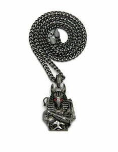RAPPER'S EGYPTIAN ANUBIS HEMATITE PENDANT & 5mm 24" CUBAN CHAIN HIP HOP NECKLACE - Picture 1 of 4