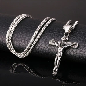 Mens Pendant Necklace Jesus Christ Crucifix Cross Silver w Black - Picture 1 of 8