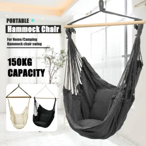 Portable Hanging Hammock Chair Swing Garden Outdoor Camping Soft with 2xCushions - Picture 1 of 21