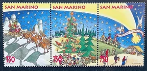 SAN MARINO CHRISTMAS BLOCK OF 3 STAMPS 1995 MNH HOLIDAY SCENE SANTA REINDEER - Picture 1 of 1