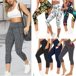 Womens Capri Leggings Pockets High Waist Cropped Trousers Running Yoga Pants 3/4 - Picture 1 of 32