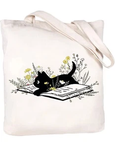 Canvas Tote Bag for Woman Funny Aesthetic Cute Cat Flower Reusable Grocery Bags - Picture 1 of 6