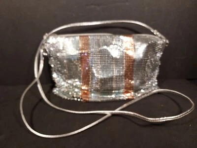Vintage Whiting & Davis Mesh Purse. Silver With Grey & Copper Stripes Long Strap - Image 1 of 4