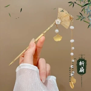 Chinese Fan Hair Stick Gold Chopstick Hanfu Qipao Geisha Traditional Accessory - Picture 1 of 1
