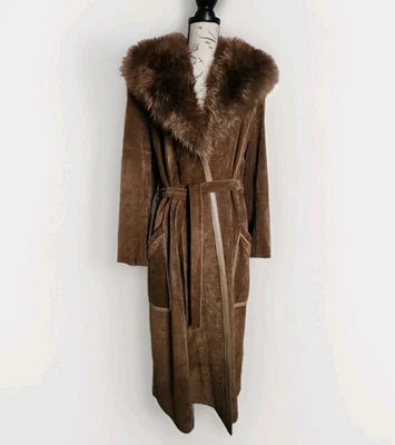 Vintage 1960s Lilli Ann Suede Penny Lane 49" Long Coat Faux Fur Trim Brown 12 - Image 1 of 4