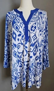 Susan Graver flüssiger Strick blau & weiß Druck V-Ausschnitt Tunika Top Größe 2X  - Bild 1 von 9