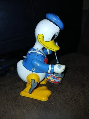 复古 20 世纪 50 年代 Marx 迪士尼 唐老鸭 鼓手 锡石版 发条 玩具 可正常工作 — 第 1/4 张图片