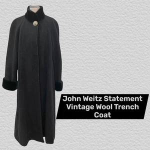 John Weitz Vintage Wool Long Trench Coat – Faux Fur Trim Gold Button Accent 12P - Picture 1 of 10