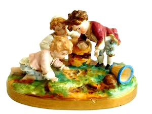 ANTIQUE JEAN GILLE PORCELAIN FIGURE GROUP OF CHILDREN PLAYING AT A ROCK POOL  - Picture 1 of 11
