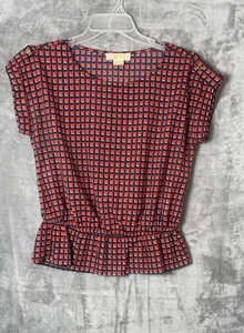 Michael Kors Women Elegant Blouse Elastic Waist Size PM Red Blue Cat Sleeve - Picture 1 of 8