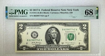 2017AFederal Reserve Note New York 2 Dollars Fr#1941-B PMG 68 EPQ Superb Gem UNC - Image 1 of 4